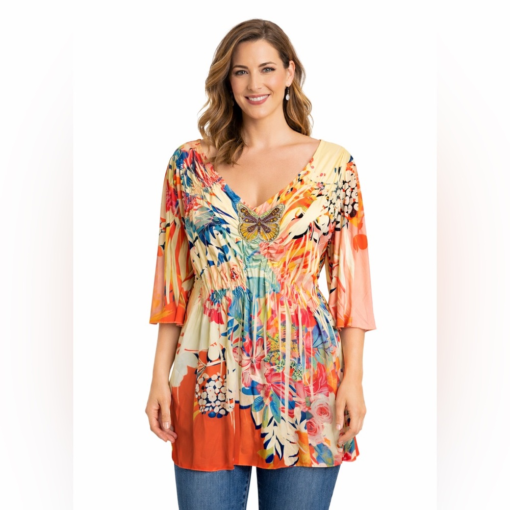 One‎ World Blouse Women's Size 2X Floral Embroidered Butterfly Pink Blue